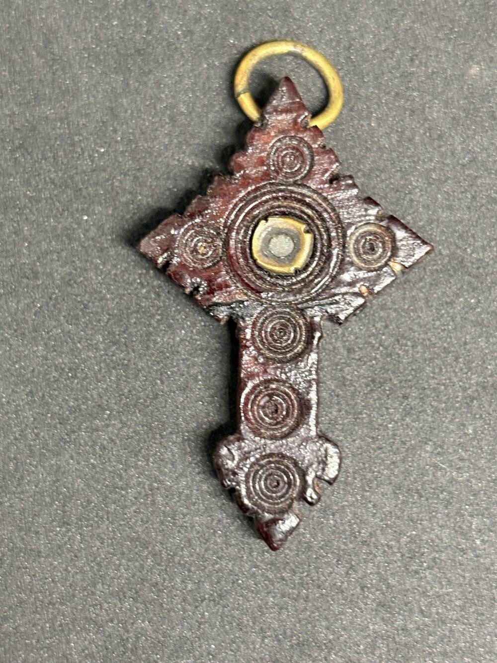 19c.Antique Rosary Finial Stanhope Image Cross Pendant Carved Wooden Ornate